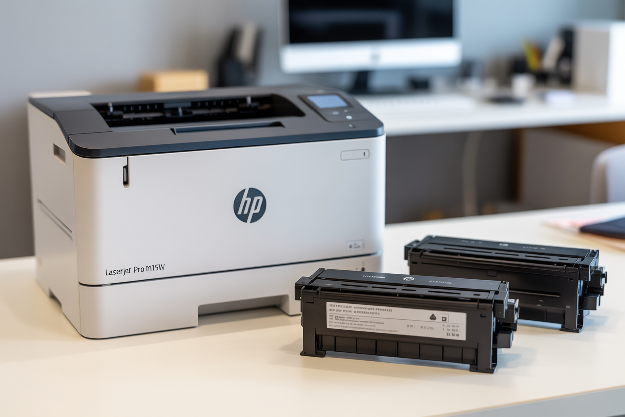 Hãy tạo một hình ảnh chân thực về máy in laser HP LaserJet Pro M15w hoặc máy in laser HP tương tự trên mặt bàn trắng sạch sẽ, với các hộp mực đen được đặt gần đó, một hộp mực đã được lấy ra khỏi bao bì một phần để lộ nhãn thông số kỹ thuật, ánh sáng văn phòng chuyên nghiệp, phông nền không gian làm việc hiện đại với hiệu ứng làm mờ nhẹ, tập trung vào máy in và các hộp mực là chủ thể chính, bố cục gọn gàng và ngăn nắp gợi ý tài liệu kỹ thuật, tuyệt đối KHÔNG được có bất kỳ văn bản nào trong cảnh.
