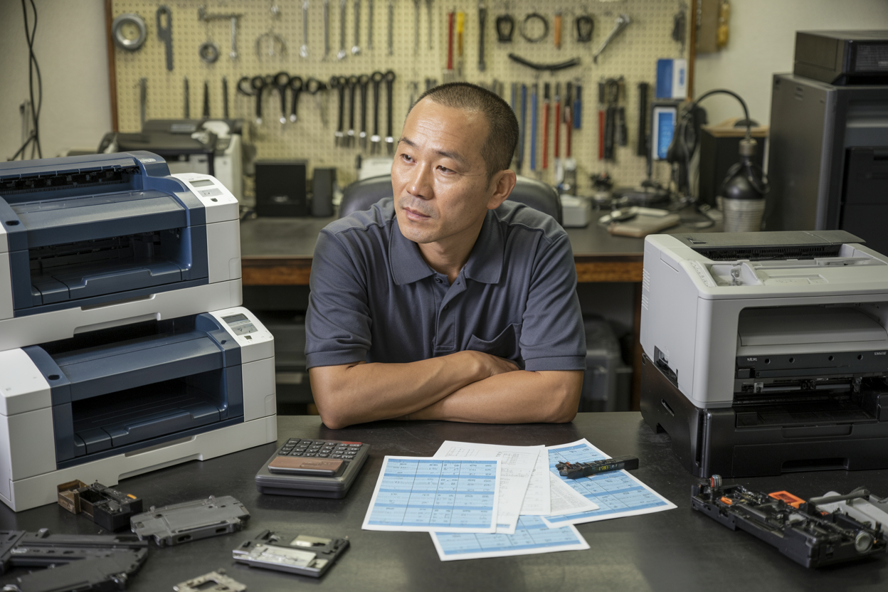 Create a realistic image of a middle-aged Asian male technician sitting at a desk examining multiple broken printers of different models and sizes, with calculator, repair cost estimates on paper sheets, and various printer parts scattered on the workbench, in a well-lit repair shop environment with tools hanging on wall pegboards in the background, conveying a professional assessment atmosphere for budget-friendly repair solutions, absolutely NO text should be in the scene.