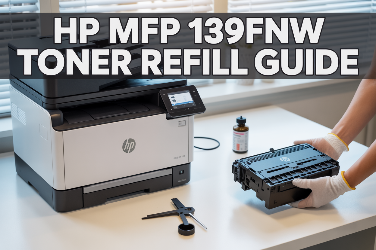 Create a realistic image of an HP MFP 139fnw multifunction printer on a clean white desk with its front cover open, showing a black toner cartridge being held by hands wearing white gloves, with a bottle of black toner powder and refill tools nearby, bright office lighting from above, and the text "HP MFP 139fnw Toner Refill Guide" displayed prominently at the top of the image in bold white letters with a dark semi-transparent background overlay.