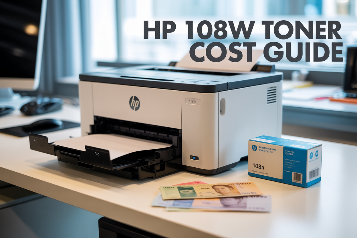 Create a realistic image of an HP LaserJet Pro M108w printer on a clean white desk with an open toner cartridge compartment showing a black toner cartridge, Vietnamese currency bills (VND notes) scattered nearby, a replacement toner cartridge box labeled "HP 108A" beside the printer, soft natural lighting from a window, professional office environment background, and overlay text reading "HP 108w Toner Cost Guide" in bold modern font.