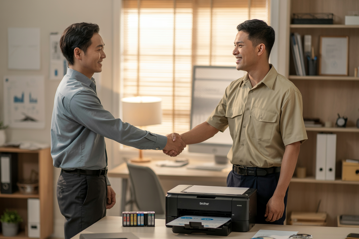 Create a realistic image of a satisfied Asian male customer shaking hands with an Asian male technician wearing a professional uniform, standing in a modern home office setting with a Brother printer on a desk showing fresh ink cartridges nearby, warm natural lighting from a window creating a welcoming atmosphere, both people smiling to convey successful service completion, with a clean and organized workspace in the background featuring office supplies and documents, emphasizing trust and professional service quality, absolutely NO text should be in the scene.