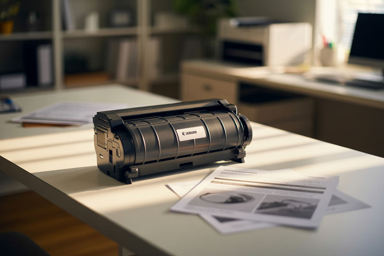 Create a realistic image of a Canon MF235 printer drum cartridge placed prominently on a clean white desk surface with soft office lighting, showing the black cylindrical drum unit in perfect condition alongside a few printed documents with clear text quality, subtle office background with blurred shelving, warm natural lighting from a nearby window creating gentle shadows, professional and organized workspace atmosphere suggesting successful printer maintenance and optimal performance, absolutely NO text should be in the scene.