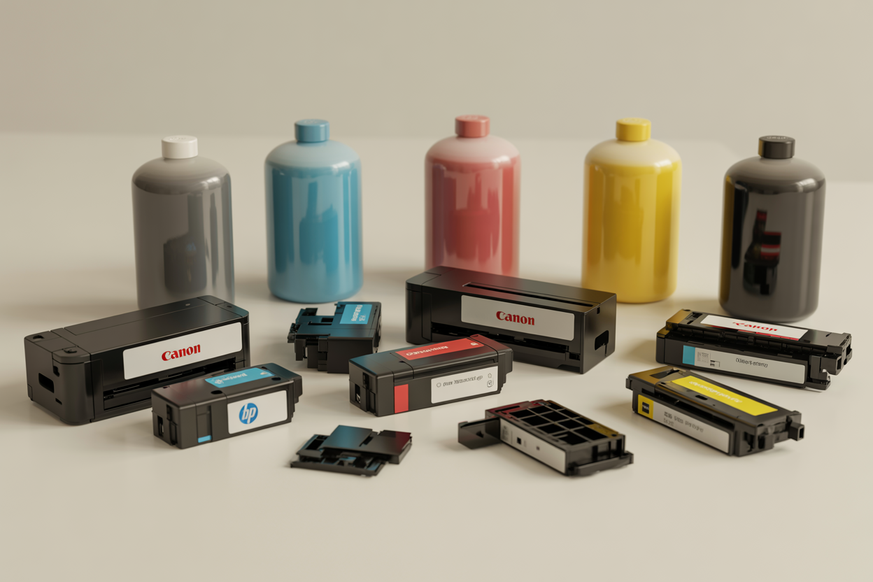 Create a realistic image of various types of printer ink cartridges and ink bottles arranged on a clean white surface, including black and colored ink cartridges for different printer brands like Canon, HP, and Epson, alongside refill ink bottles in cyan, magenta, yellow, and black colors, with some cartridges partially disassembled to show internal components, set against a neutral background with soft even lighting, capturing the technical and professional nature of ink refilling services. Absolutely NO text should be in the scene.