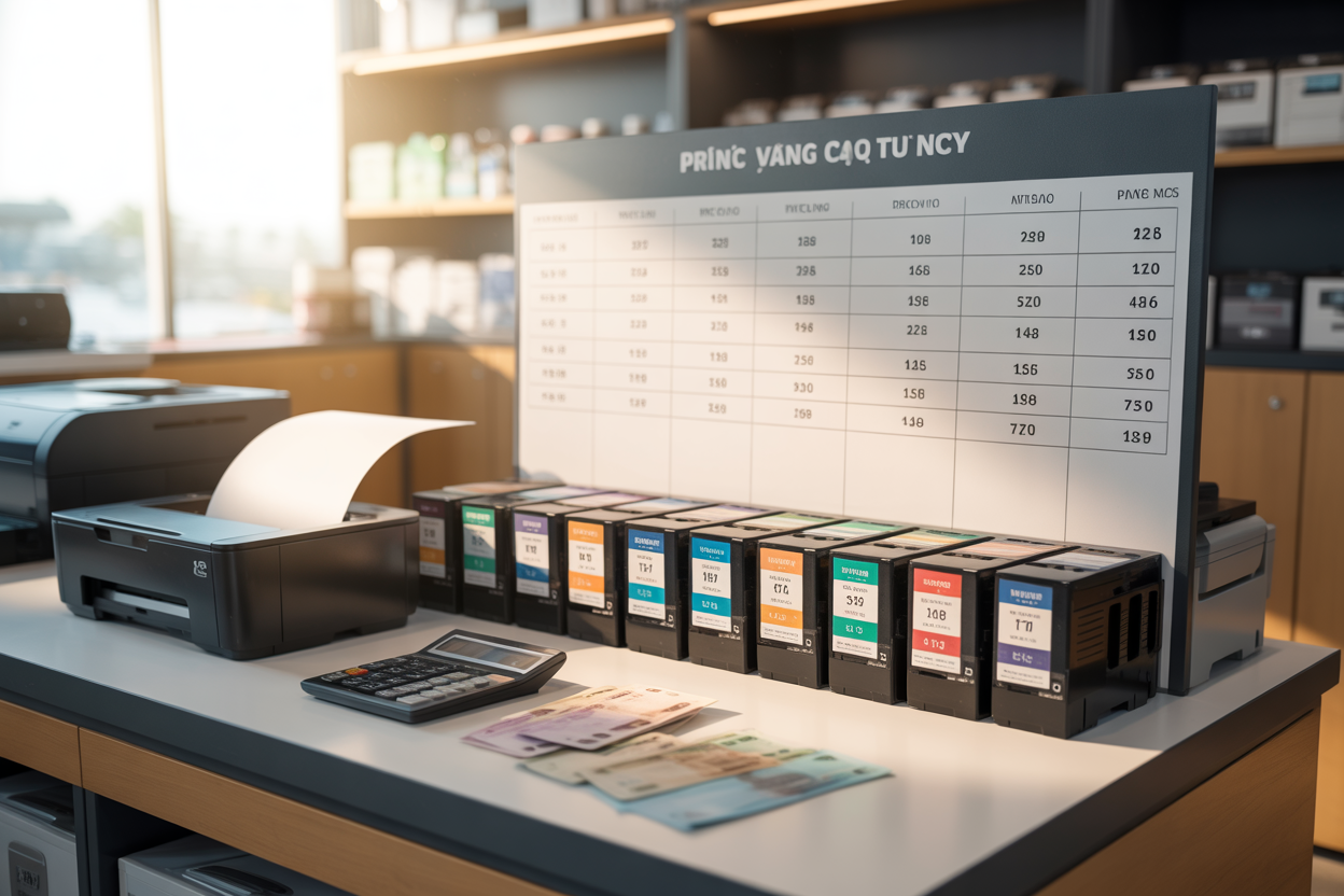 Create a realistic image of a clean, modern price list display board or table showing various printer ink cartridges with price tags, featuring black and colored ink cartridges neatly arranged on a white surface, with a calculator and some Vietnamese currency notes visible nearby, soft natural lighting from above, professional service counter background with printer supplies, warm and trustworthy business atmosphere. Absolutely NO text should be in the scene.