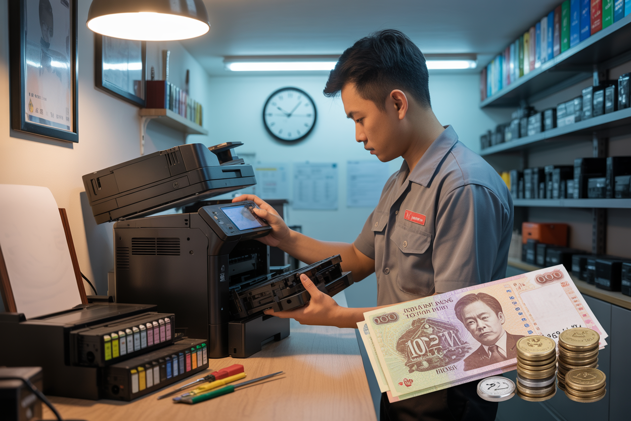Create a realistic image of a modern printer service desk scene with an Asian male technician in work uniform examining a black inkjet printer, with ink cartridges and refill tools neatly arranged on the workspace, a wall clock showing business hours, Vietnamese dong banknotes and coins placed on the counter representing cost, warm indoor lighting from overhead fluorescent lights, clean professional repair shop environment with shelves of printer supplies in the background, absolutely NO text should be in the scene.