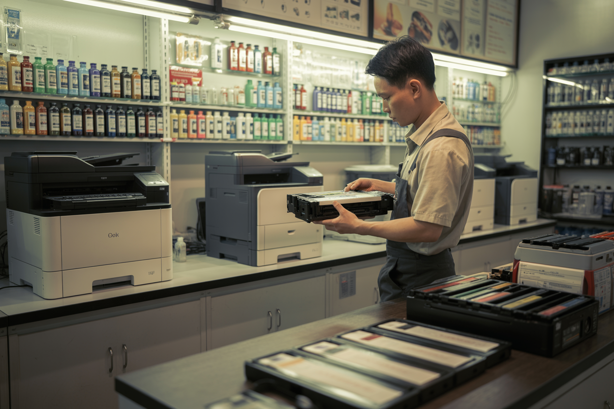 Create a realistic image of a professional printer ink refilling service shop interior with multiple printers on a clean workbench, colorful ink bottles and cartridges neatly arranged on shelves, a Vietnamese male technician in work uniform carefully handling a printer cartridge, warm fluorescent lighting creating a professional atmosphere, modern service counter with completed refilled cartridges displayed, clean organized workspace with technical tools visible, welcoming customer service environment suggesting reliability and expertise, absolutely NO text should be in the scene.