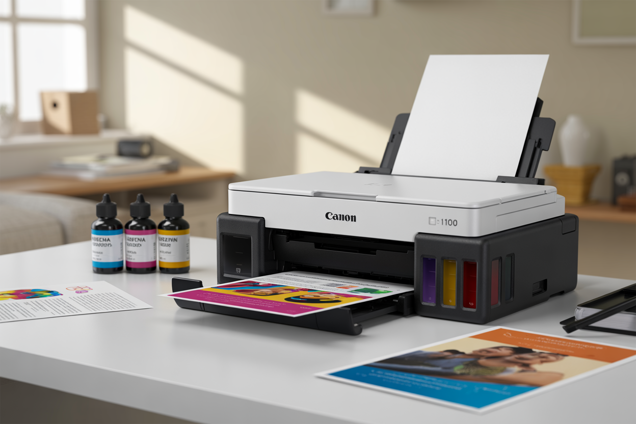 Create a realistic image of a Canon G1010 printer positioned on a clean white desk surface with four colorful ink bottles (cyan, magenta, yellow, and black) neatly arranged in front of it, showing the printer's ink tank system clearly visible on the right side, with soft natural lighting from a window creating gentle shadows, surrounded by a few printed color documents and photos showcasing vibrant print quality, in a modern home office environment with a neutral background, conveying a sense of completion and satisfaction with the printing setup, absolutely NO text should be in the scene.