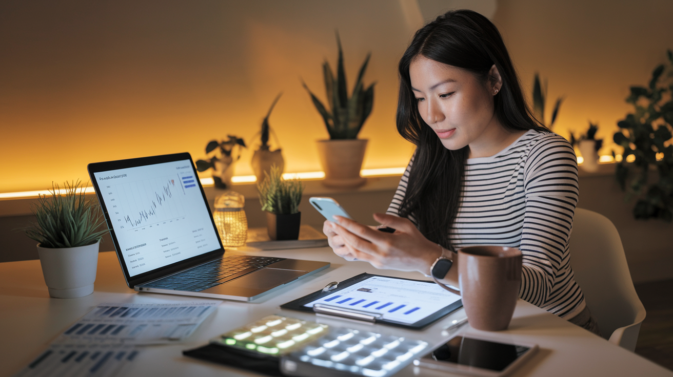 Create a realistic image of a young Asian female using a smartphone to track expenses on a budgeting app, sitting at a modern desk with a laptop showing financial graphs, a coffee mug, and a small plant nearby, with a warm ambient lighting creating a productive atmosphere, and subtle visual elements of savings and budget tracking like a digital calculator and organized receipts.