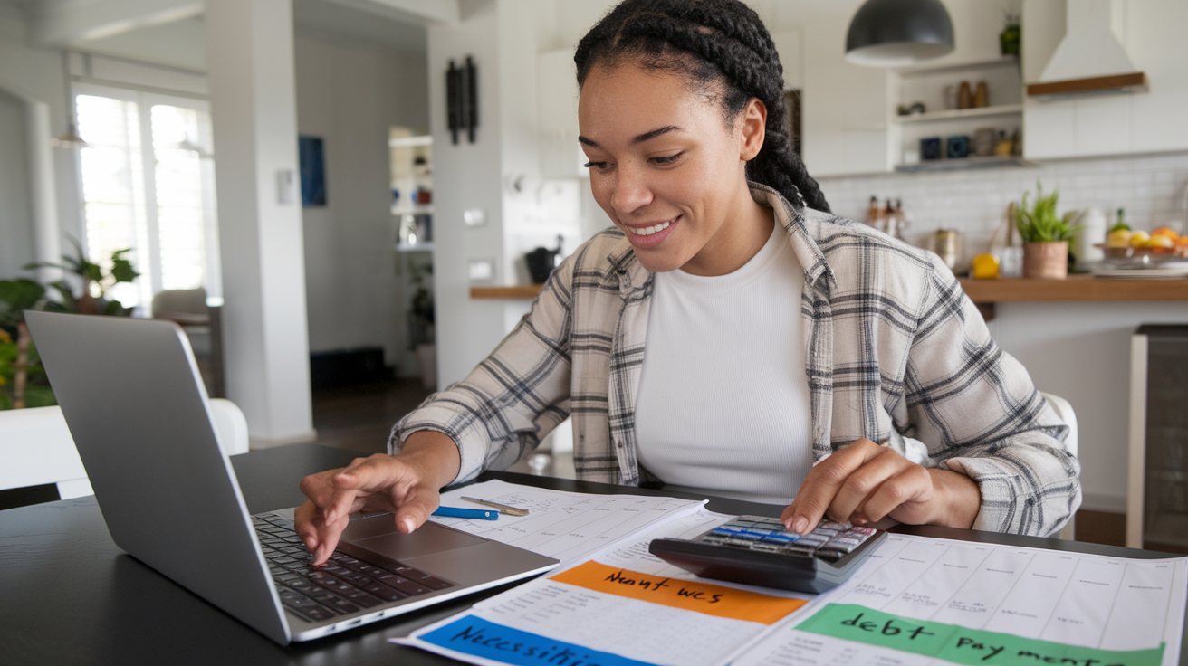 Create a realistic image of a young Black female sitting at a dining table with a laptop and calculator, dividing her monthly budget into three distinct sections visible on a spreadsheet - 50% for necessities (housing, groceries), 30% for wants (shopping, dining), and 20% for savings/debt payments, with color-coded labels and a satisfied expression as she organizes her finances.