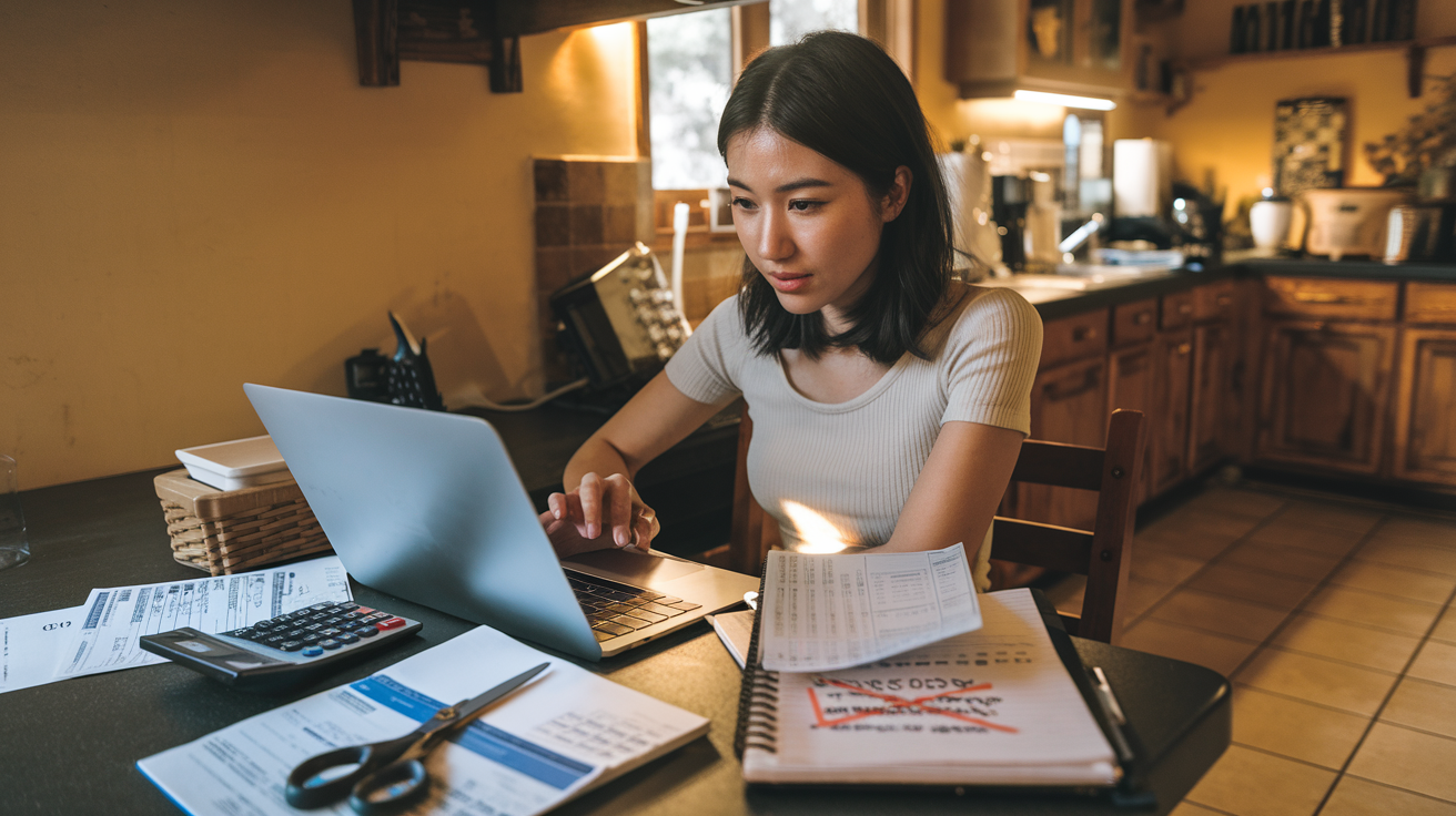Create a realistic image of a young Asian female sitting at a kitchen table with a laptop, scissors cutting through utility bills, a calculator, and a notepad showing crossed-out subscriptions, with warm indoor lighting creating a focused atmosphere as she reviews her monthly expenses to identify items to eliminate.