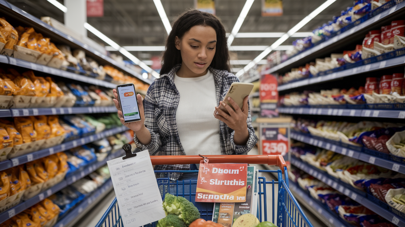 Create a realistic image of a young black female shopper in a grocery store aisle comparing prices on two similar products, with a smartphone in hand displaying a budget app, shopping list clipped to her cart, several store discount flyers visible, and a few affordable healthy food items already in her cart, under bright supermarket lighting.