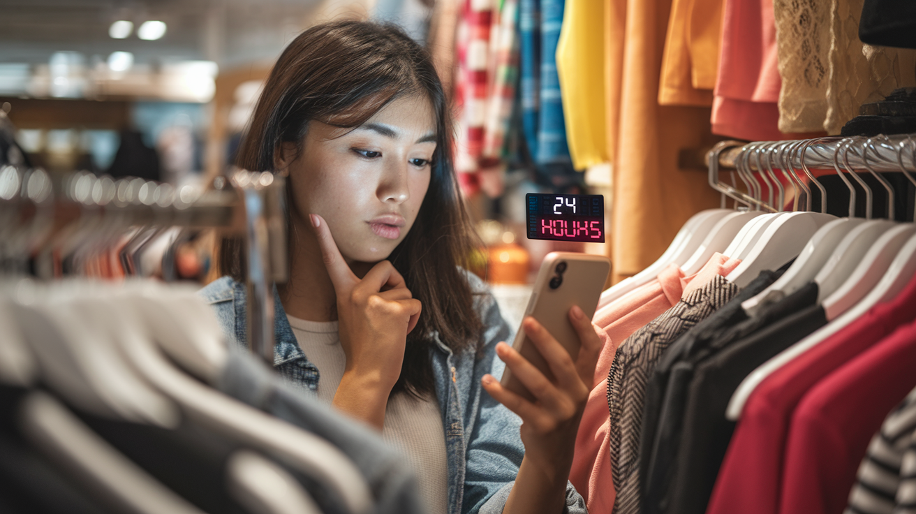 Create a realistic image of a thoughtful young Asian female examining her smartphone while shopping, with a digital timer showing "24 hours" visible on the screen, standing in a clothing store with price tags and colorful attire in the background, warm lighting highlighting her contemplative expression as she practices restraint in making an impulse purchase.