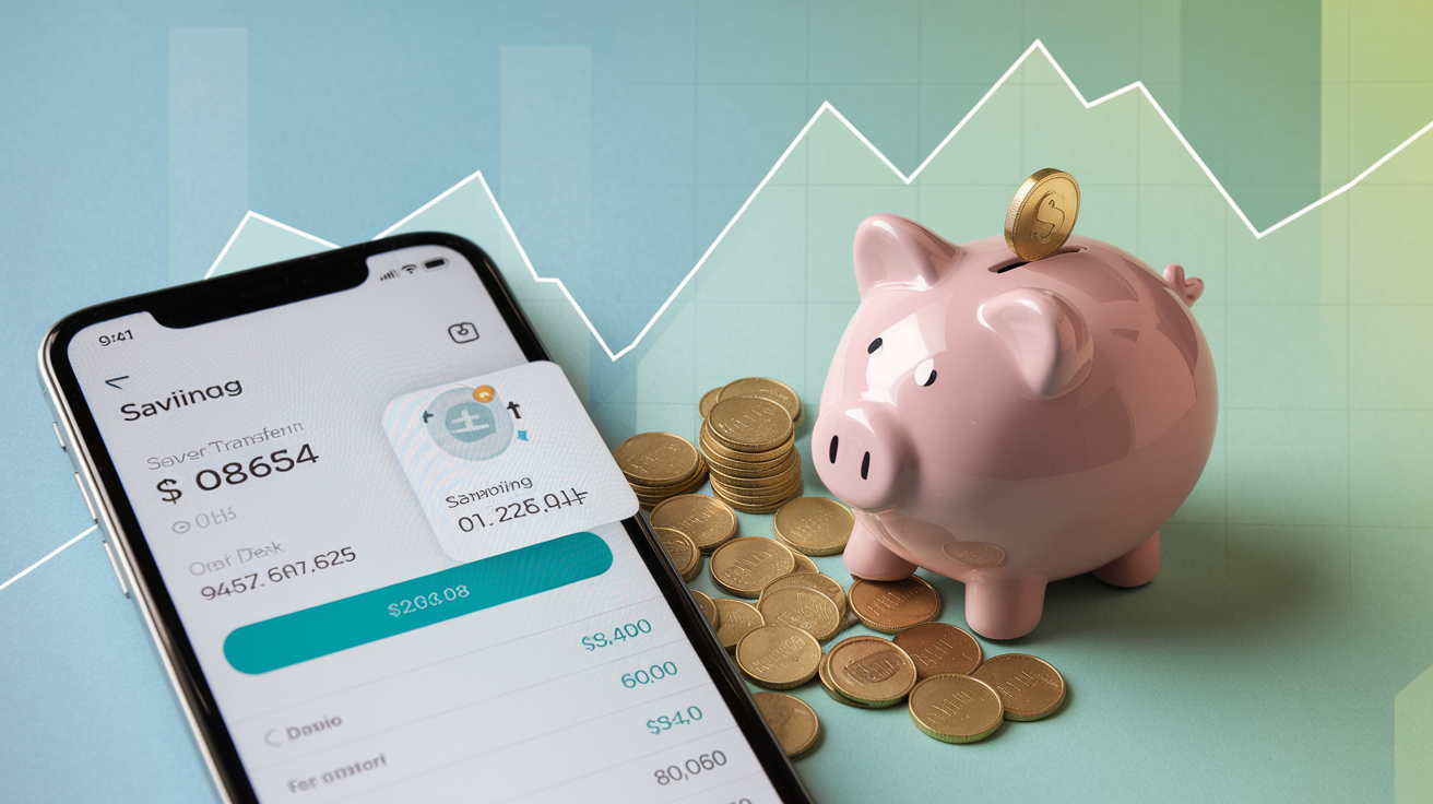 Create a realistic image of a smartphone screen showing a banking app with an automated savings transfer in progress, next to a digital piggy bank filling up with virtual coins, set against a subtle background of upward-trending financial graphs in soft blue and green tones, conveying the ease and effectiveness of automatic saving methods.