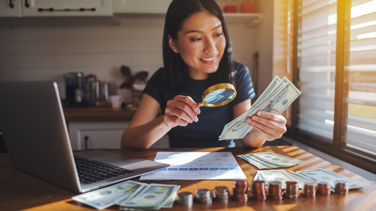 Create a realistic image of a young Asian female sitting at a kitchen table with a laptop, magnifying glass, and budget spreadsheet, examining her monthly expenses with several dollar bills and coins visibly set aside in small organized piles, warm natural lighting streaming through a window, creating a hopeful atmosphere as she discovers savings opportunities in her current budget.