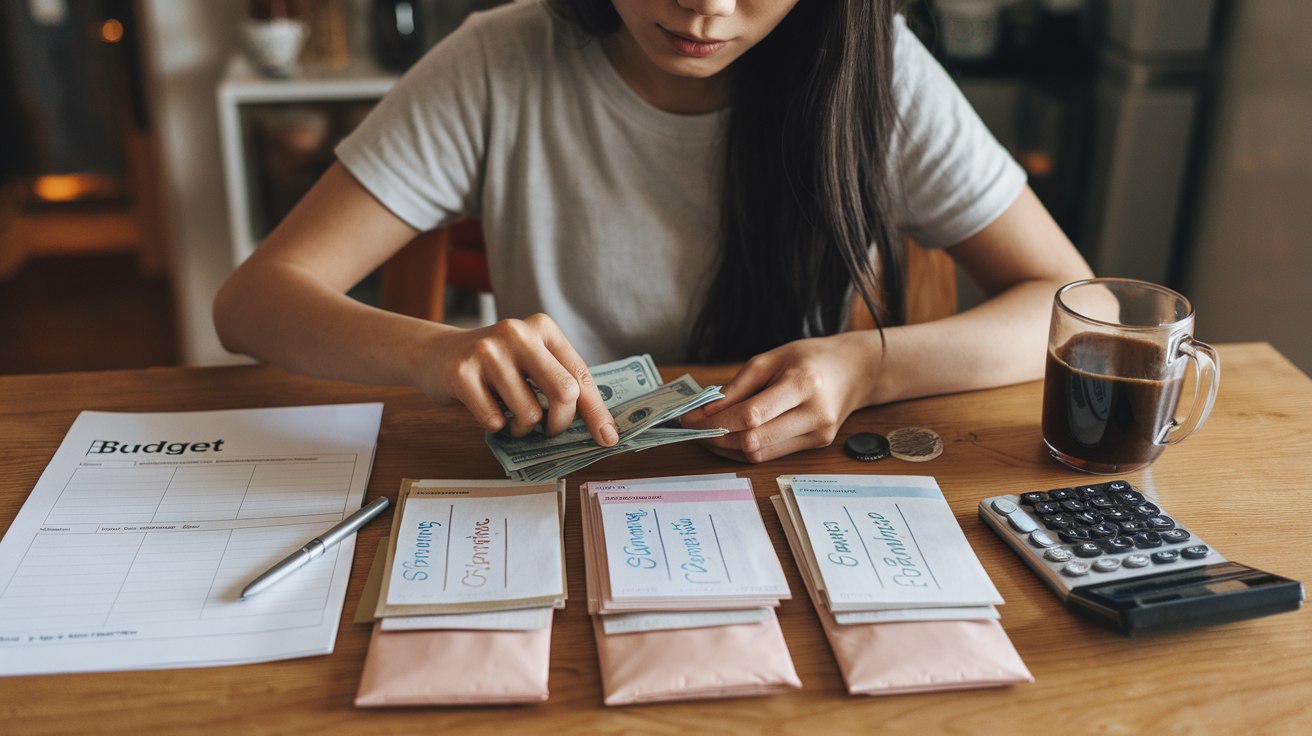 Create a realistic image of a young Asian female at a kitchen table, organizing cash into several labeled envelopes marked "Groceries," "Entertainment," "Dining Out," and "Shopping," with a simple budget sheet nearby, a calculator, and a half-empty coffee mug, all in warm natural lighting suggesting a practical approach to managing problematic spending areas.