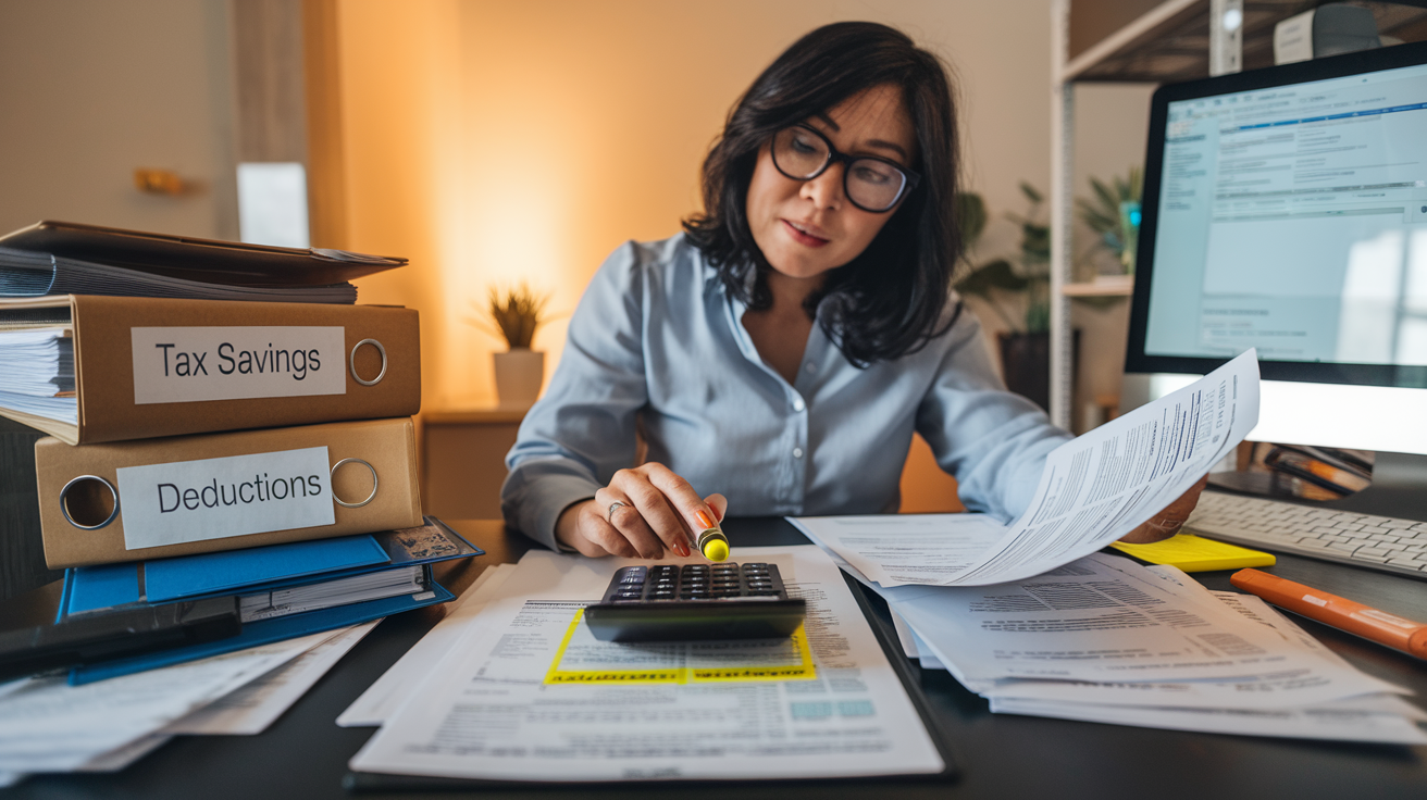 Create a realistic image of a middle-aged Asian female sitting at a desk reviewing tax documents with a calculator, highlighting deductions with a yellow marker, with organized folders labeled "Tax Savings" and "Deductions" nearby, a computer screen showing tax software in the background, warm indoor lighting creating a productive atmosphere.