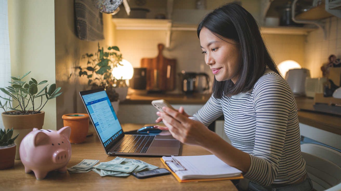 Create a realistic image of a young Asian female sitting at a kitchen table with a laptop, smartphone, and notepad, working on a side hustle while checking her banking app, with a small pile of cash and a piggy bank visible, warm lighting creating a cozy atmosphere, suggesting making extra money from home with minimal time commitment.