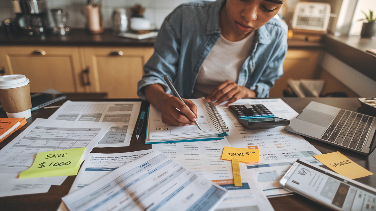Create a realistic image of a young black female sitting at a kitchen table with spreadsheets, calculator, and laptop, reviewing financial documents and writing in a budget planner, with coffee cup nearby, warm indoor lighting, sticky notes with "Save $1000" visible, organized bills and receipts spread out, showing focused determination.