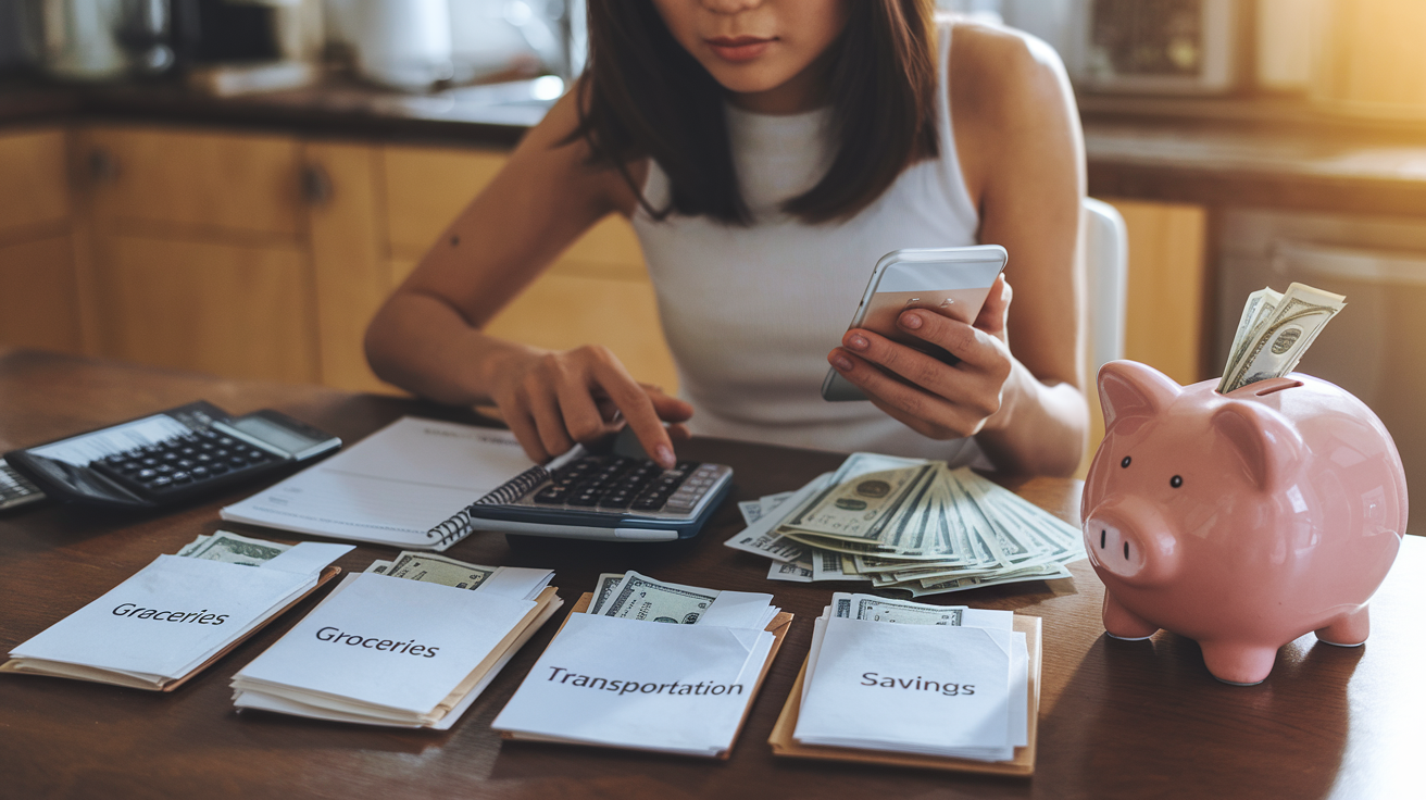 Create a realistic image of a young Asian female sitting at a kitchen table, focused on organizing her finances with a budget planner, calculator, and smartphone with a savings app open, while sorting cash and bills into labeled envelopes marked "Groceries," "Transportation," and "Savings," with a piggy bank prominently displayed, warm lighting creating a determined yet hopeful atmosphere.