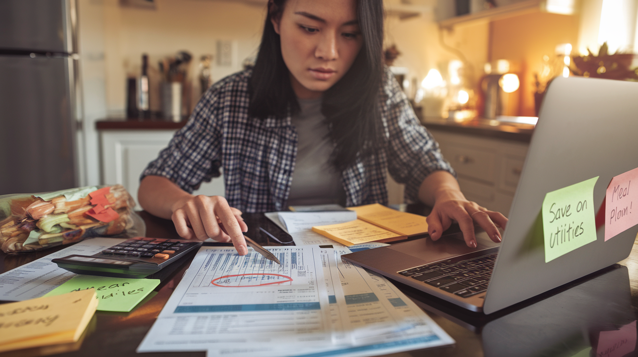 Create a realistic image of a young Asian female sitting at a kitchen table with grocery receipts, bills, and a calculator, focused on reviewing a budget spreadsheet on her laptop, with sticky notes showing "Save on Utilities" and "Meal Plan" visible, warm lighting creating a determined atmosphere as she circles cost-cutting opportunities on her water and electricity bills.