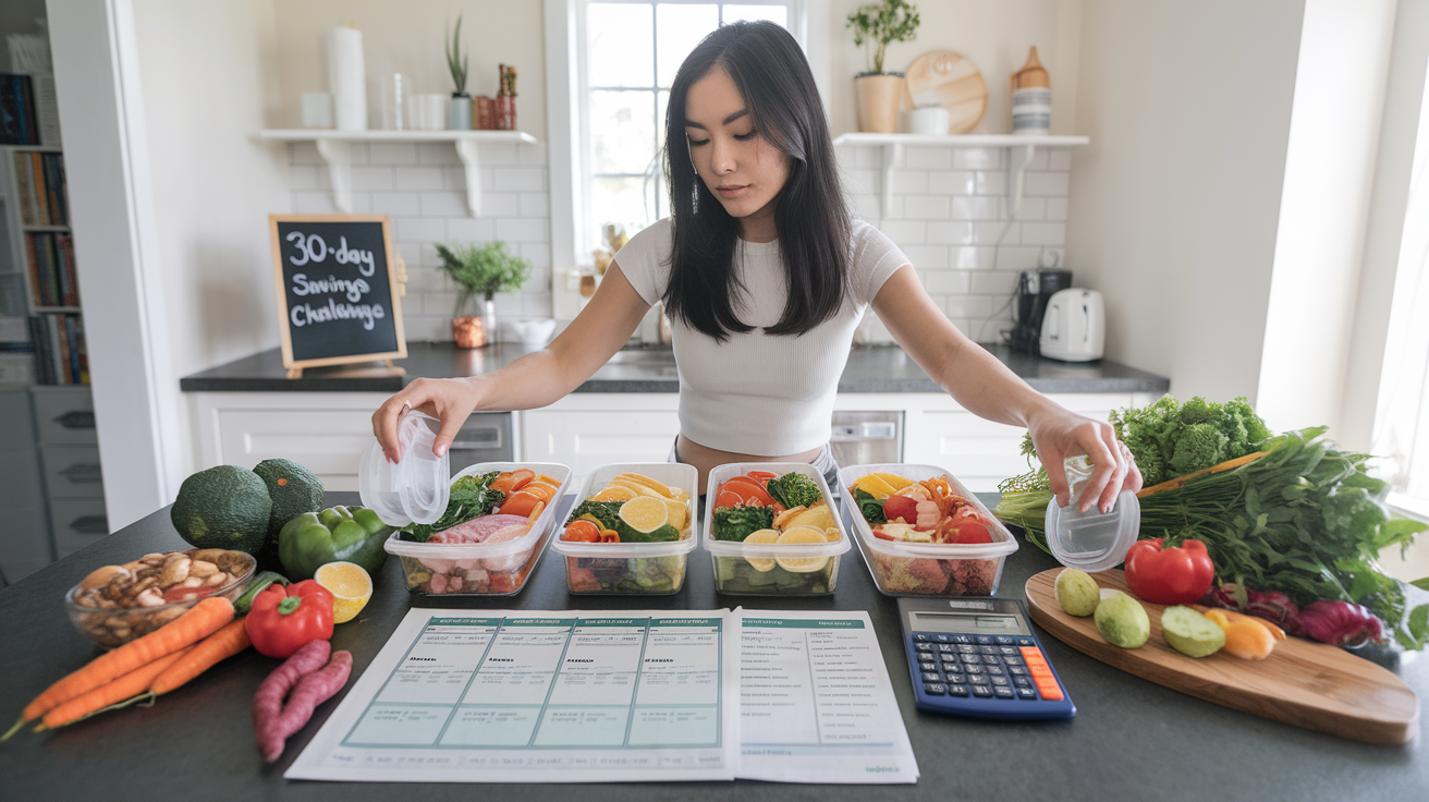Create a realistic image of a young Asian female arranging meal prep containers on a kitchen counter, with a weekly meal plan and grocery list visible nearby, a calculator showing savings, colorful vegetables and affordable ingredients spread out, and a small chalkboard showing "30-Day Savings Challenge" in the background, all in bright natural lighting conveying an organized, money-saving atmosphere.