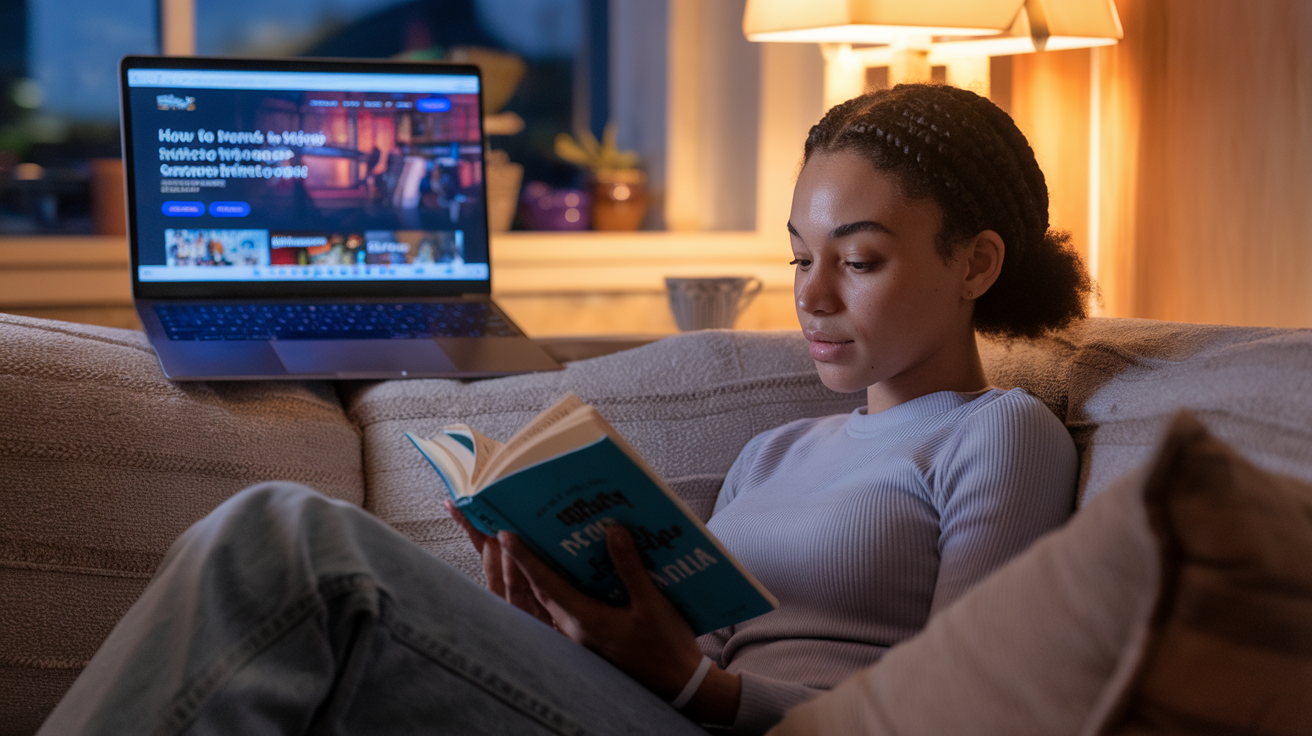 Create a realistic image of a young black female sitting on a cozy couch at home, reading a library book with a warm lamp nearby, while a laptop displays a free streaming service in the background, showcasing how to enjoy entertainment without spending money, with soft evening lighting creating a comfortable atmosphere.
