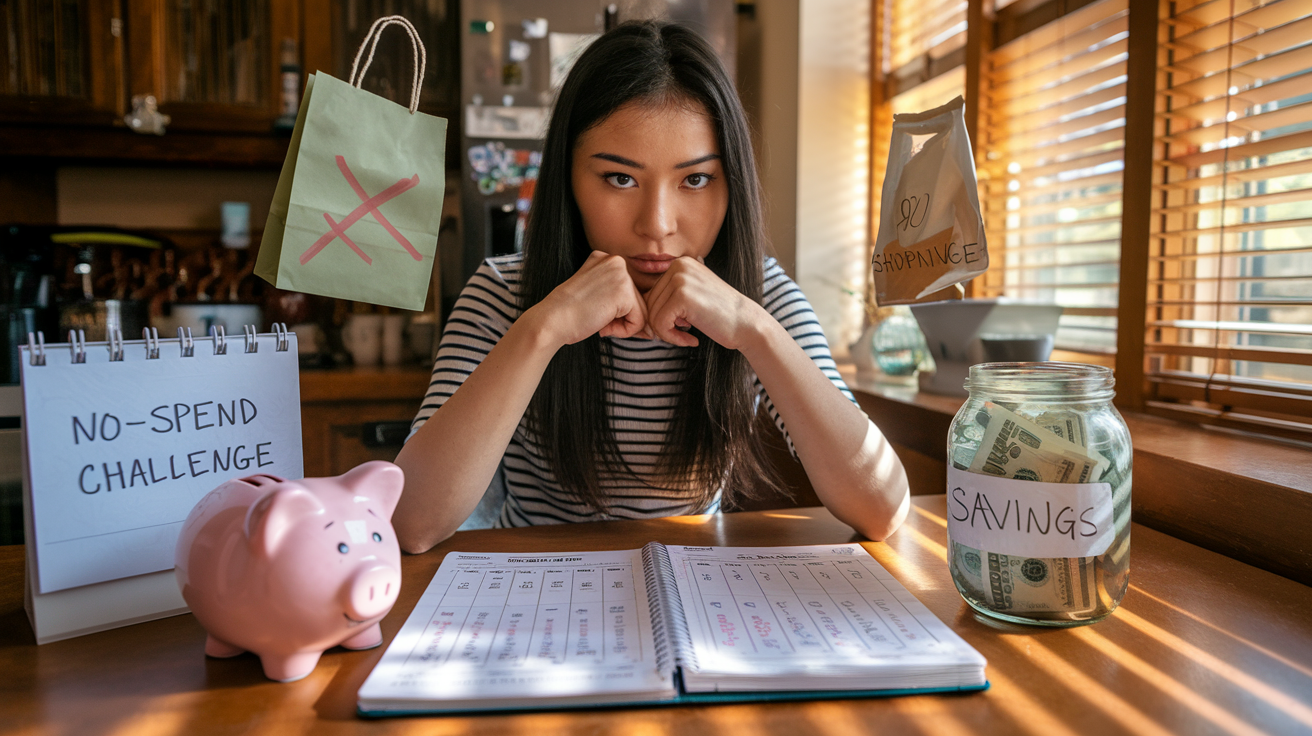 Create a realistic image of a young Asian female with a determined expression sitting at a kitchen table, surrounded by cash-saving props like a piggy bank, calendar marked with "No-Spend Challenge" and crossed-out shopping bags, a jar with money inside labeled "Savings", and a budget notebook showing expense tracking with many items crossed out, all lit by warm natural light streaming through a window.
