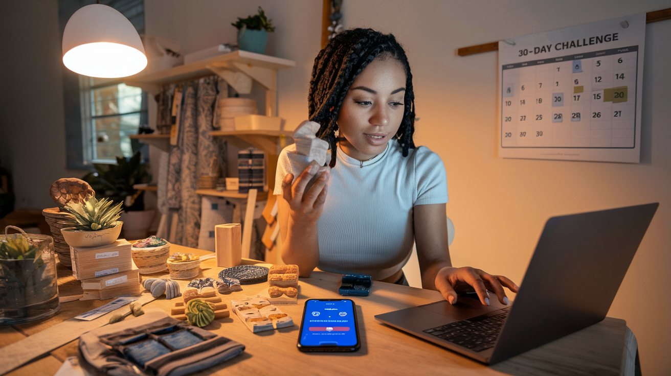 Create a realistic image of a young Black female setting up a small side hustle at home, with a laptop showing an online marketplace and a smartphone displaying a money-tracking app with increasing numbers, surrounded by handmade crafts or products for sale, a calendar marked with "30-Day Challenge" visible in the background, warm lighting creating an ambitious yet determined atmosphere.