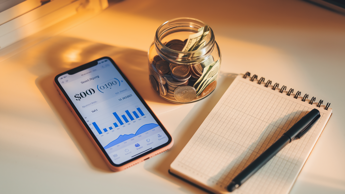 Create a realistic image of a smartphone displaying a savings tracking app with clear progress bars and graphs showing daily savings accumulation toward a $1,000 goal, placed beside a small glass jar containing coins and cash, on a neat desk with a budget notebook and pen, warm lighting casting a productive atmosphere, suggesting an organized and efficient savings system.
