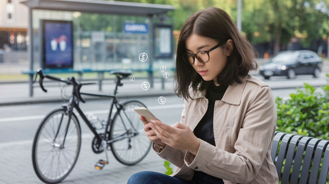 Create a realistic image of a young Asian female comparing transportation options on her smartphone, with a bike visible nearby, a bus stop in the background, and a car with a "carpool" sign, symbolizing various cost-saving transportation methods, with a subtle overlay of dollar signs or coins to represent savings.