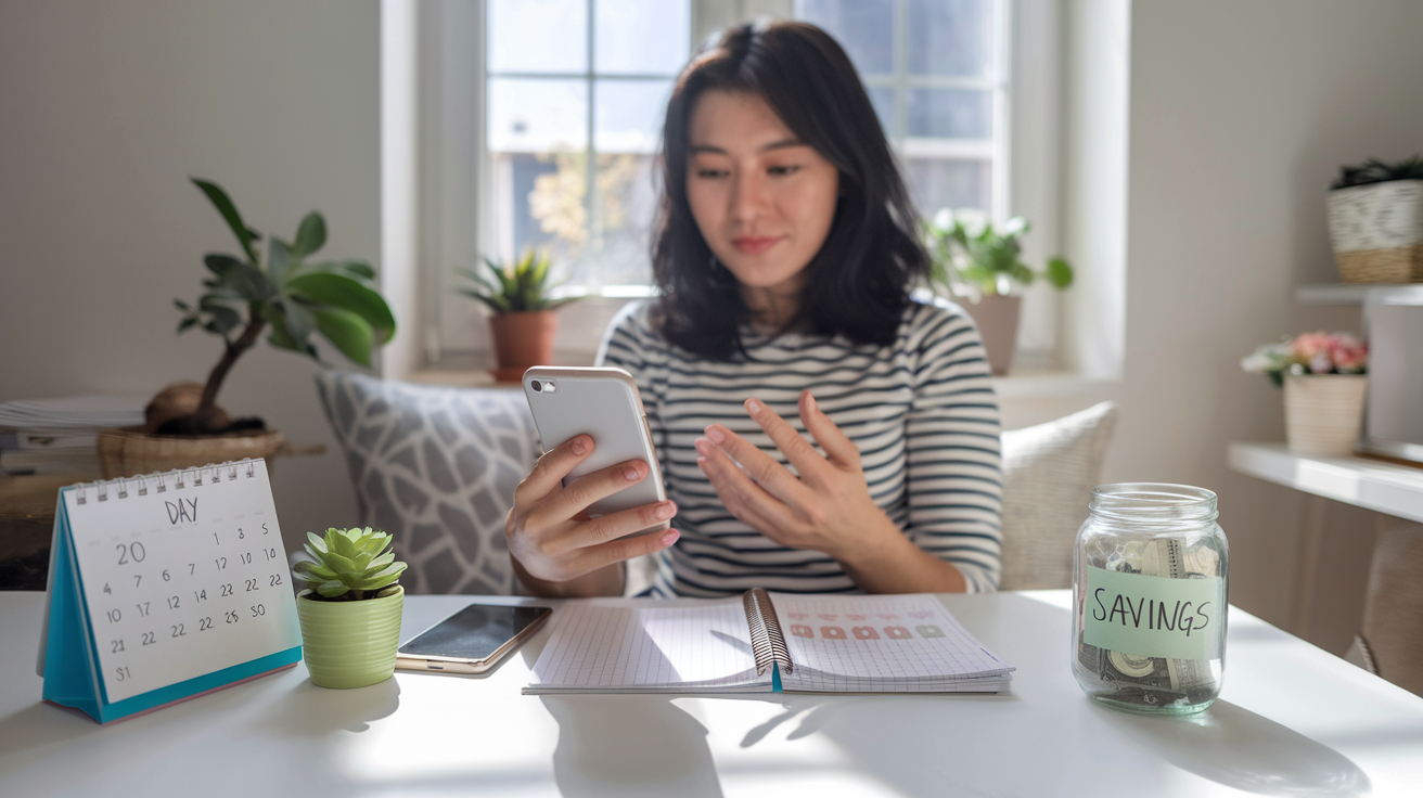 Create a realistic image of a young Asian female reviewing financial progress on a smartphone and small notebook with visible budget tracking, sitting at a cozy home desk with a small potted plant, a calendar showing day 20 marked, and a jar labeled "Savings" half-filled with cash, natural window lighting creating a hopeful, motivated atmosphere.