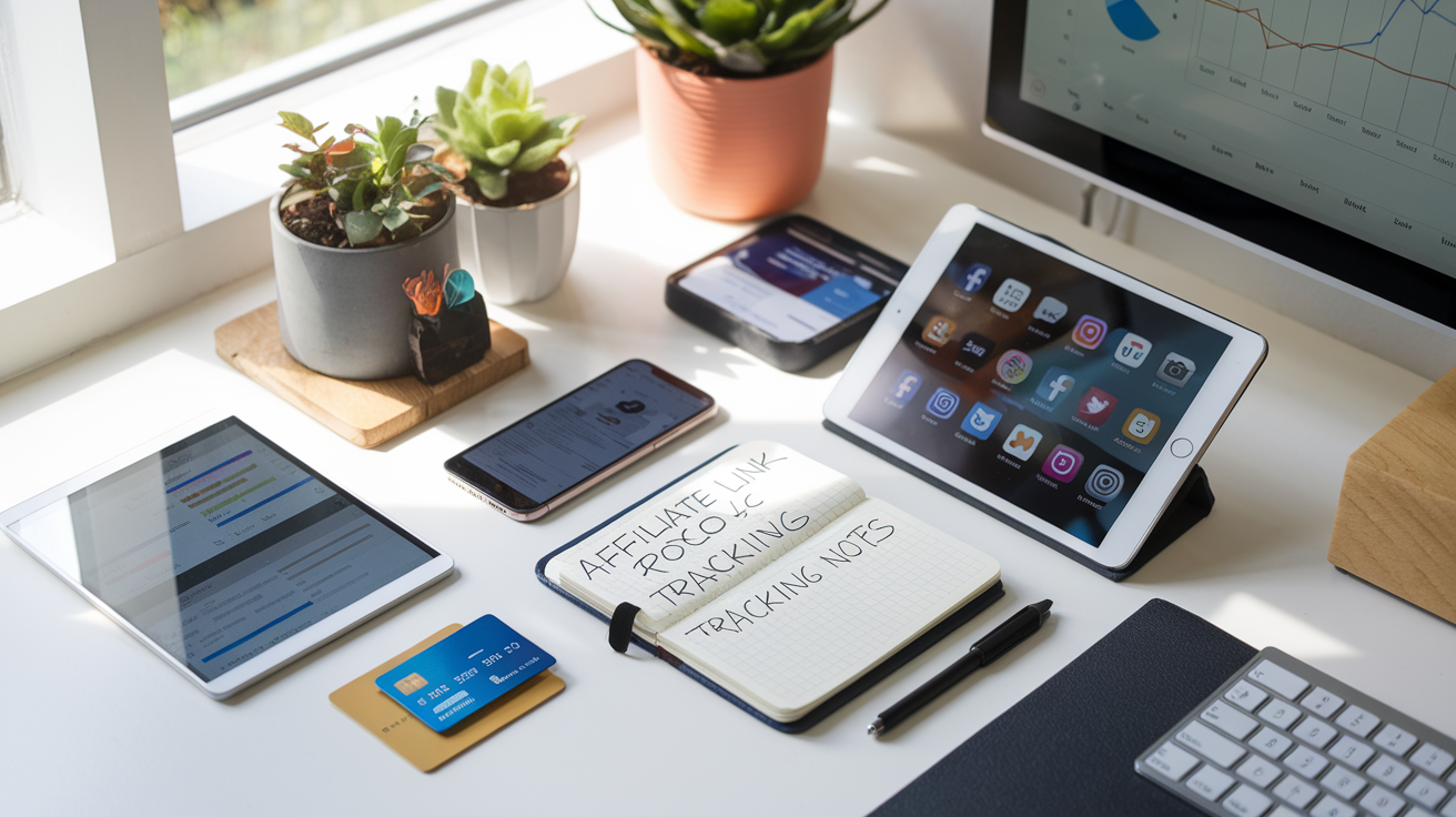Create a realistic image of a diverse collection of digital marketing tools arranged on a clean workspace, featuring a smartphone displaying social media platforms, a tablet showing email marketing software, a notebook with affiliate link tracking notes, a credit card near payment processing tools, and digital analytics graphs on a small monitor, all bathed in natural light from a nearby window, conveying a modern, organized approach to affiliate marketing without traditional websites.
