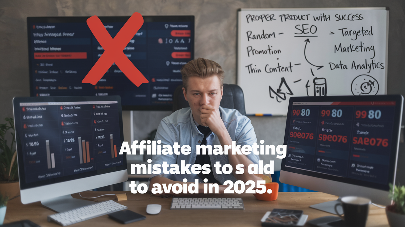 Create a realistic image of a frustrated young white male entrepreneur sitting at a desk with multiple computer screens showing declining affiliate marketing statistics and error messages, with a red "X" over poor strategies like random product promotion and thin content, while a path to success with proper SEO, targeted marketing, and data analytics glows green on a whiteboard in the background, text overlay "Affiliate Marketing Mistakes to Avoid in 2025."