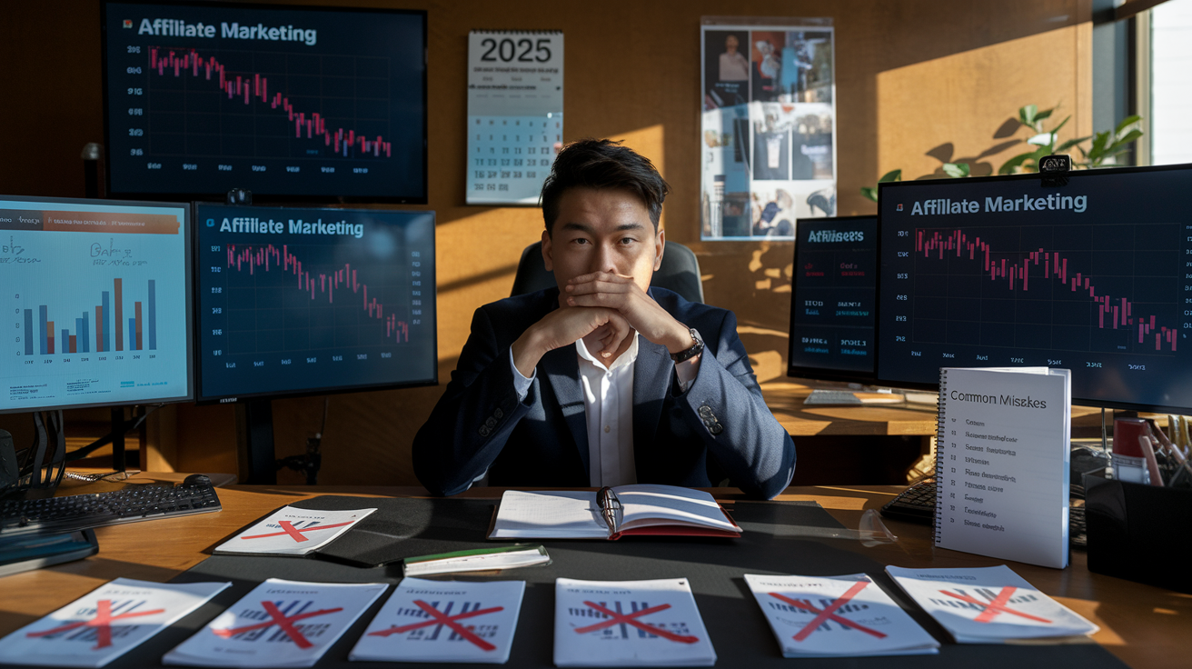 Create a realistic image of a frustrated Asian male entrepreneur sitting at a desk with multiple screens showing declining affiliate marketing statistics and charts with downward trends, a calendar marked "2025" visible, scattered papers with red "X" marks, and a notebook listing "Common Mistakes" beside him, with warm office lighting casting shadows to emphasize the serious mood of avoiding costly errors in affiliate marketing.