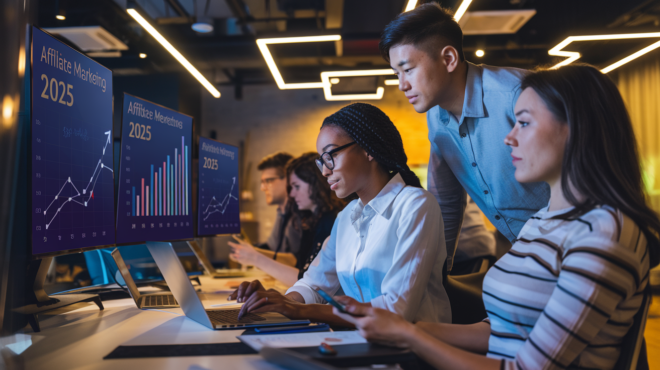 Create a realistic image of a diverse group of digital marketers (Black female, Asian male, White female) collaborating in a modern office space, analyzing data on multiple screens showing upward trending graphs and affiliate marketing metrics for 2025, with a digital checklist titled "Affiliate Marketing Success: Mistakes to Avoid" prominently displayed on a central monitor, warm professional lighting highlighting their focused expressions.