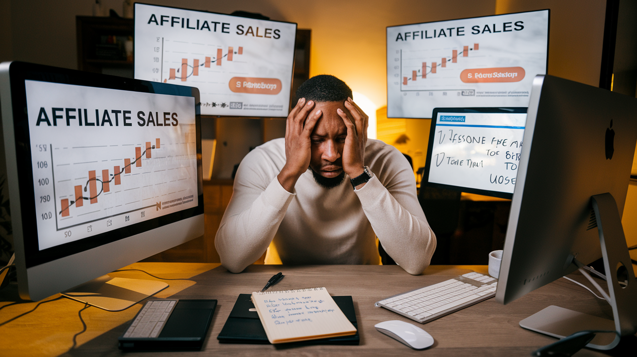 Create a realistic image of a frustrated black male entrepreneur looking at multiple computer screens showing declining affiliate sales graphs and error messages, with a notepad nearby containing a handwritten list titled "Lessons Learned," all in a home office setting with warm lighting that creates a reflective, educational atmosphere.