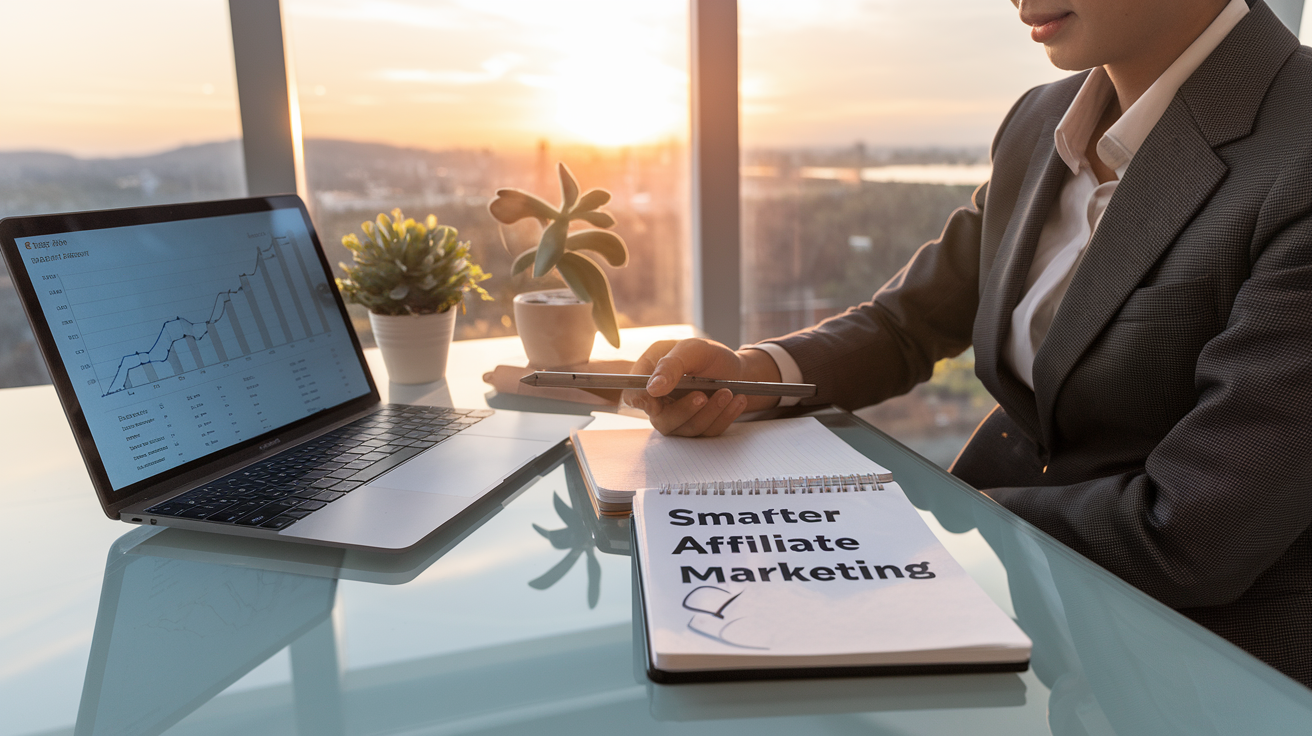 Create a realistic image of a business professional of Asian descent sitting at a clean, organized desk with a laptop showing analytics graphs trending upward, a small plant, and a notebook with a strategic checklist titled "Smarter Affiliate Marketing"; the background shows a warm sunset through a window symbolizing reflection and new beginnings, with a soft, motivational ambiance suitable for concluding thoughts on avoiding affiliate marketing mistakes.
