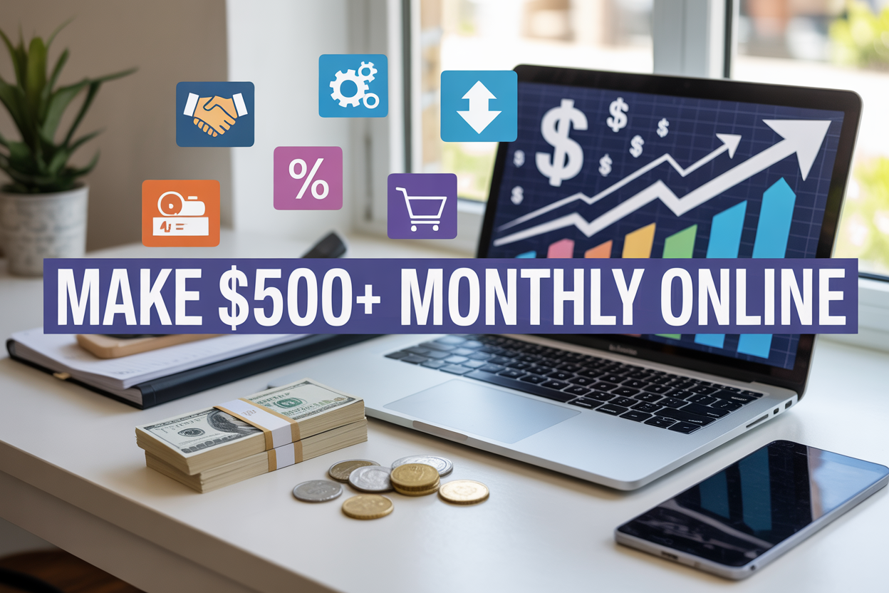 Create a realistic image of a modern workspace featuring a laptop displaying upward trending graphs and dollar signs on the screen, surrounded by floating digital icons representing freelancing (gears and tools), affiliate marketing (handshake and percentage symbols), and digital products (shopping cart and download arrows), with a stack of $100 bills and coins scattered on a clean white desk, soft natural lighting from a window, and the text "Make $500+ Monthly Online" prominently displayed in bold blue letters across the top of the image.
