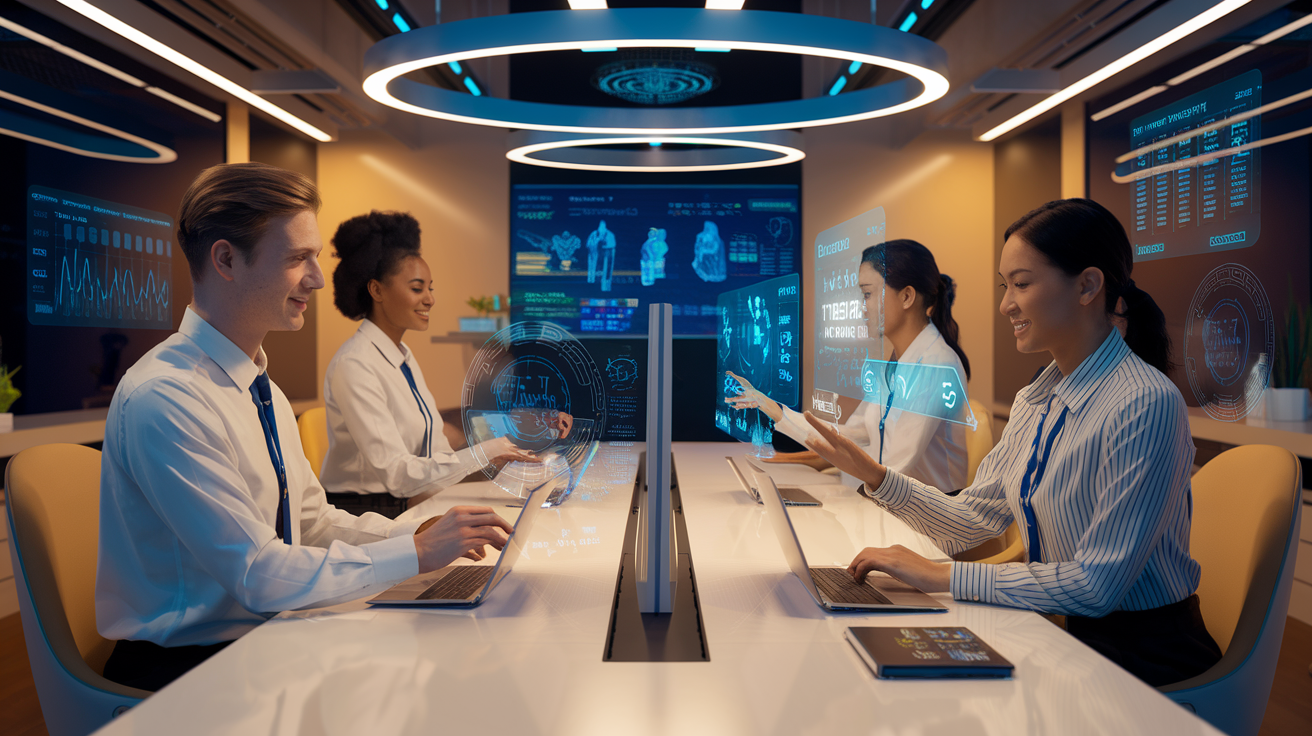 Create a realistic image of a futuristic customer service center with AI-powered holographic interfaces, showing a diverse team of customer service representatives (including white male, black female, and Asian female) interacting with virtual assistants, surrounded by sleek technology and data visualizations, with a warm and inviting atmosphere.