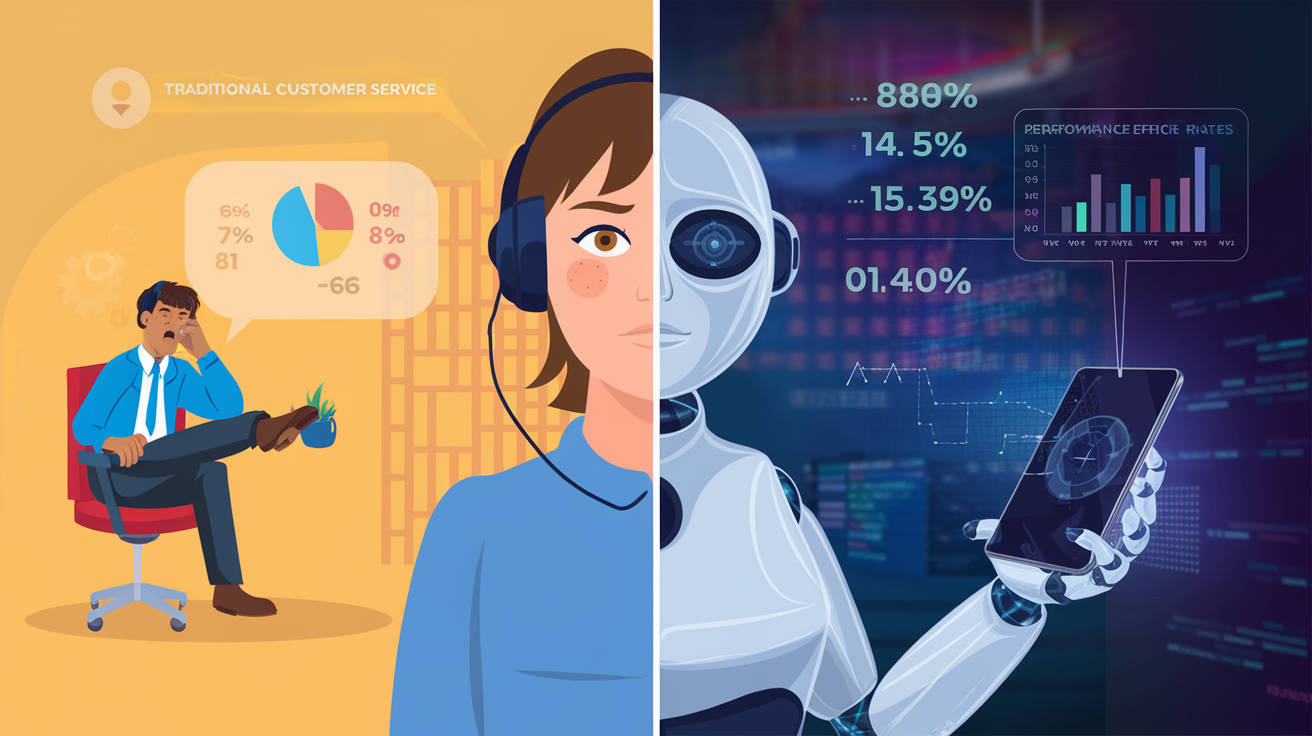 Create a realistic image of a split-screen comparison showing a frustrated customer on hold with traditional customer service on the left, and a satisfied customer interacting with an AI chatbot on a sleek device on the right, with performance metrics and graphs hovering above each scene, demonstrating AI's superior efficiency and satisfaction rates.