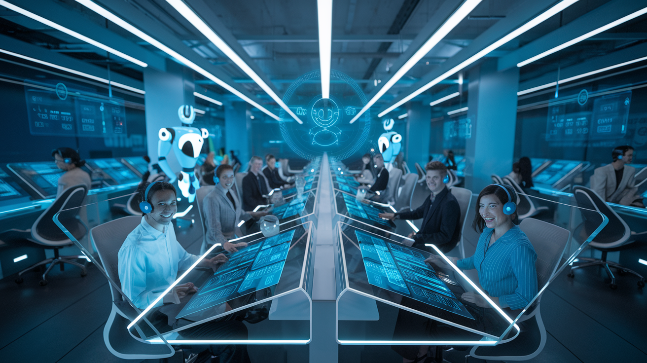 Create a realistic image of a futuristic customer support center with sleek, transparent touchscreens displaying AI chatbots, a diverse team of smiling support agents wearing headsets, holographic customer satisfaction charts floating above workstations, and robotic assistants moving between desks, all bathed in cool blue lighting to emphasize the technological atmosphere.