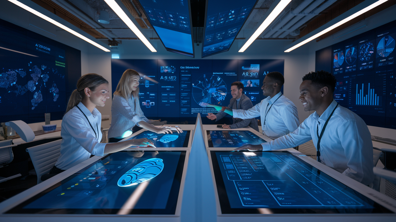 Create a realistic image of a modern office setting with a diverse team of customer service representatives, including a white female and a black male, interacting with AI-powered chatbots on large touchscreen displays, surrounded by data visualizations and analytics dashboards, with a futuristic yet professional atmosphere and soft, ambient lighting.