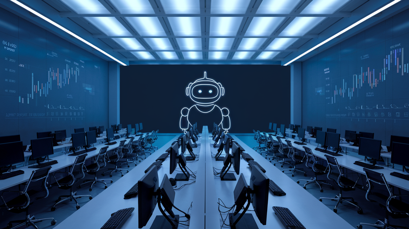 Create a realistic image of a modern, high-tech customer service center with rows of empty desks and computer monitors, with a single AI-powered chatbot interface displayed on a large screen at the front. Subtle graphs and charts showing economic data are projected on a side wall. The lighting is cool and blue-tinted, creating a futuristic atmosphere.
