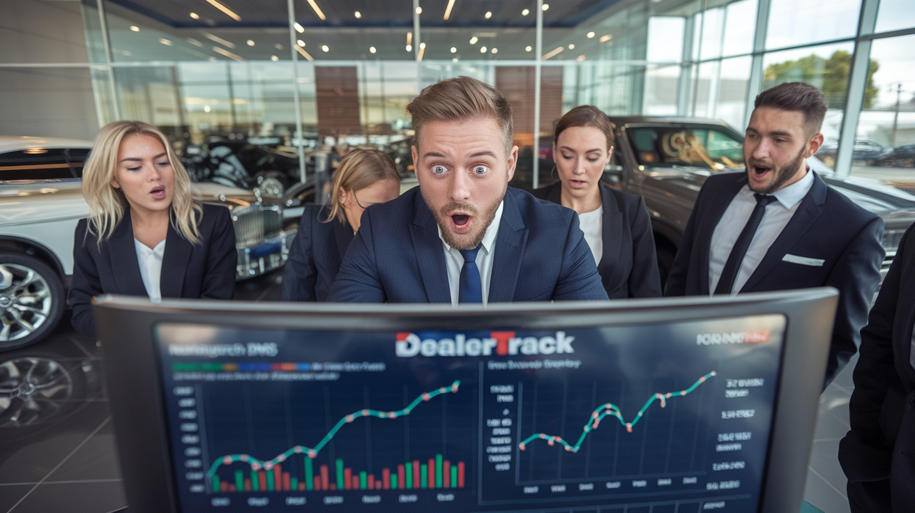 Create a realistic image of a surprised white male car dealership manager in a suit looking at a computer screen displaying Dealertrack DMS software with glowing analytics and profit charts, his jaw dropped in amazement, with other dealership staff gathering around with shocked expressions, inside a modern car dealership office with glass walls showing luxury vehicles in the showroom background.
