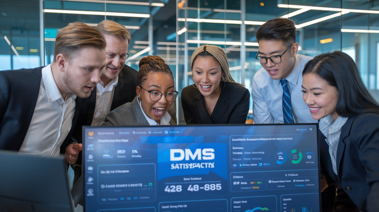 Create a realistic image of a diverse group of automotive dealership staff (white male, black female, and Asian male) gathered around a computer screen showing a DMS (Dealer Management System) dashboard with customer satisfaction metrics prominently displayed, in a modern dealership office with glass partitions, their expressions showing surprise and excitement as they discover new features, with subtle lighting highlighting the screen interface displaying customer experience analytics and workflow automation tools.