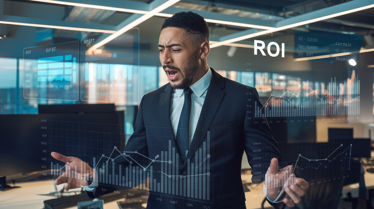 Create a realistic image of a professional black male dealer in a suit analyzing digital dashboards and graphs showing DMS ROI metrics in a modern car dealership office, with charts showing profit margins and efficiency statistics, a shocked expression on his face as he discovers surprising data, soft office lighting highlighting the screens, with no visible text elements in the image.
