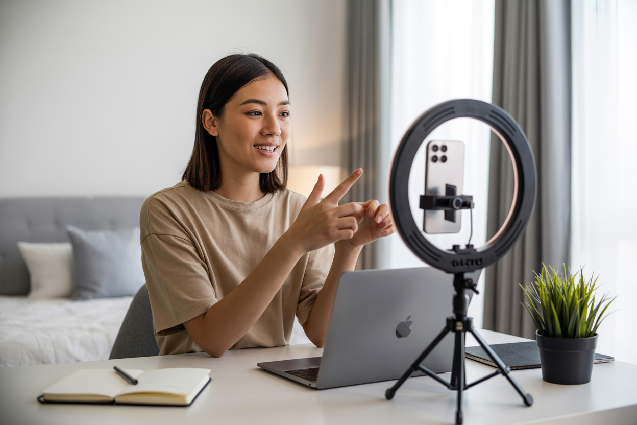 Create a realistic image of a young Asian female content creator sitting at a modern desk with a smartphone mounted on a ring light stand, editing her TikTok profile on the phone screen, with a clean minimalist bedroom background featuring good natural lighting from a window, professional setup with a laptop, notebook, and small potted plant visible on the desk, bright and engaging atmosphere that conveys social media optimization and content creation, absolutely NO text should be in the scene.