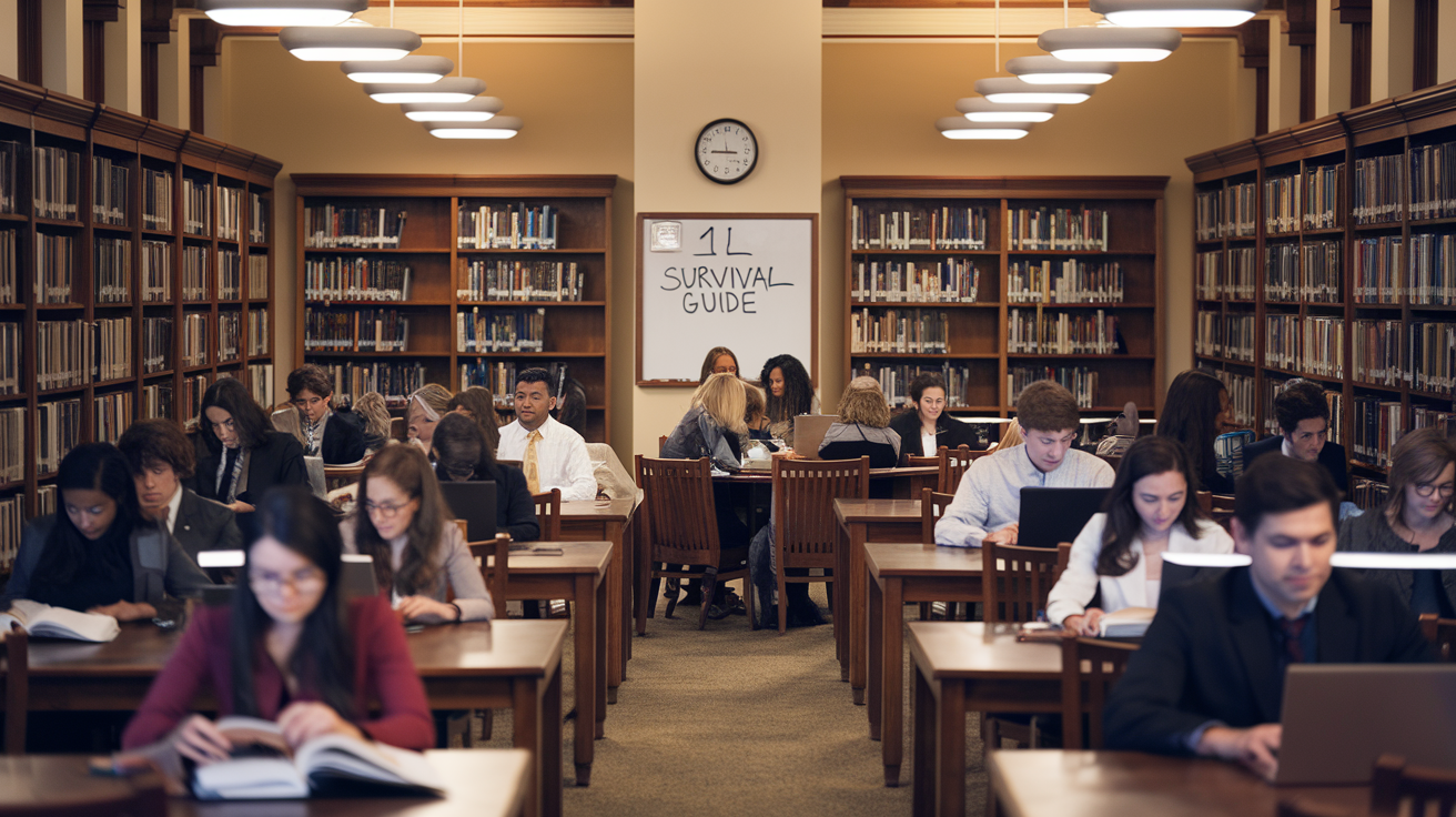 Create a realistic image of a law school library with rows of bookshelves and study desks, where a diverse group of students are engaged in various activities: some reading law books, others typing on laptops, and a small group discussing in the background. Include a wall clock showing late hours and a whiteboard with "1L Survival Guide" written on it. The lighting should be warm and studious, creating a focused atmosphere.