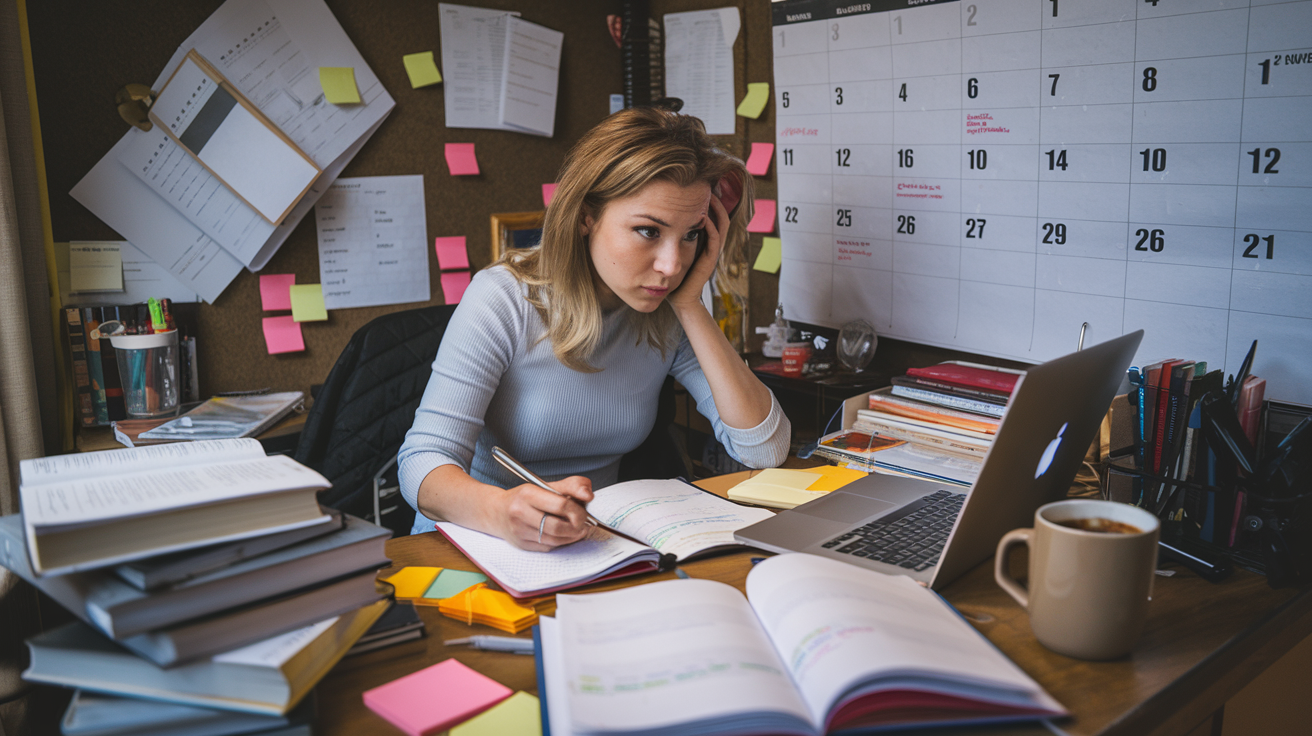 Create a realistic image of a stressed white female law student in her mid-20s sitting at a cluttered desk in a dimly lit dorm room, surrounded by open law books, sticky notes, and a large wall calendar with highlighted dates. She's looking at her laptop screen, which displays a time management app, while holding a pen and notebook. A half-empty coffee mug sits nearby.