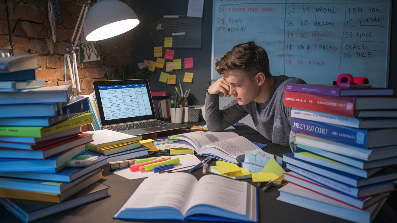 Create a realistic image of a cluttered desk in a dimly lit room, with stacks of law textbooks, highlighters, and sticky notes scattered across the surface. A laptop screen displays a study schedule, while a white male student in his early 20s sits hunched over, intently reading and taking notes. A wall calendar marked with exam dates and a whiteboard with legal terms are visible in the background.